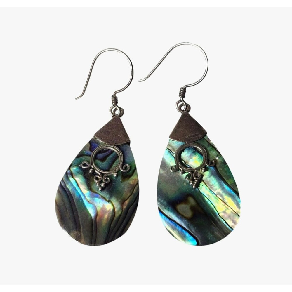 Sterling Silver 925 Abalone Shell Dangle Earrings Teardrop